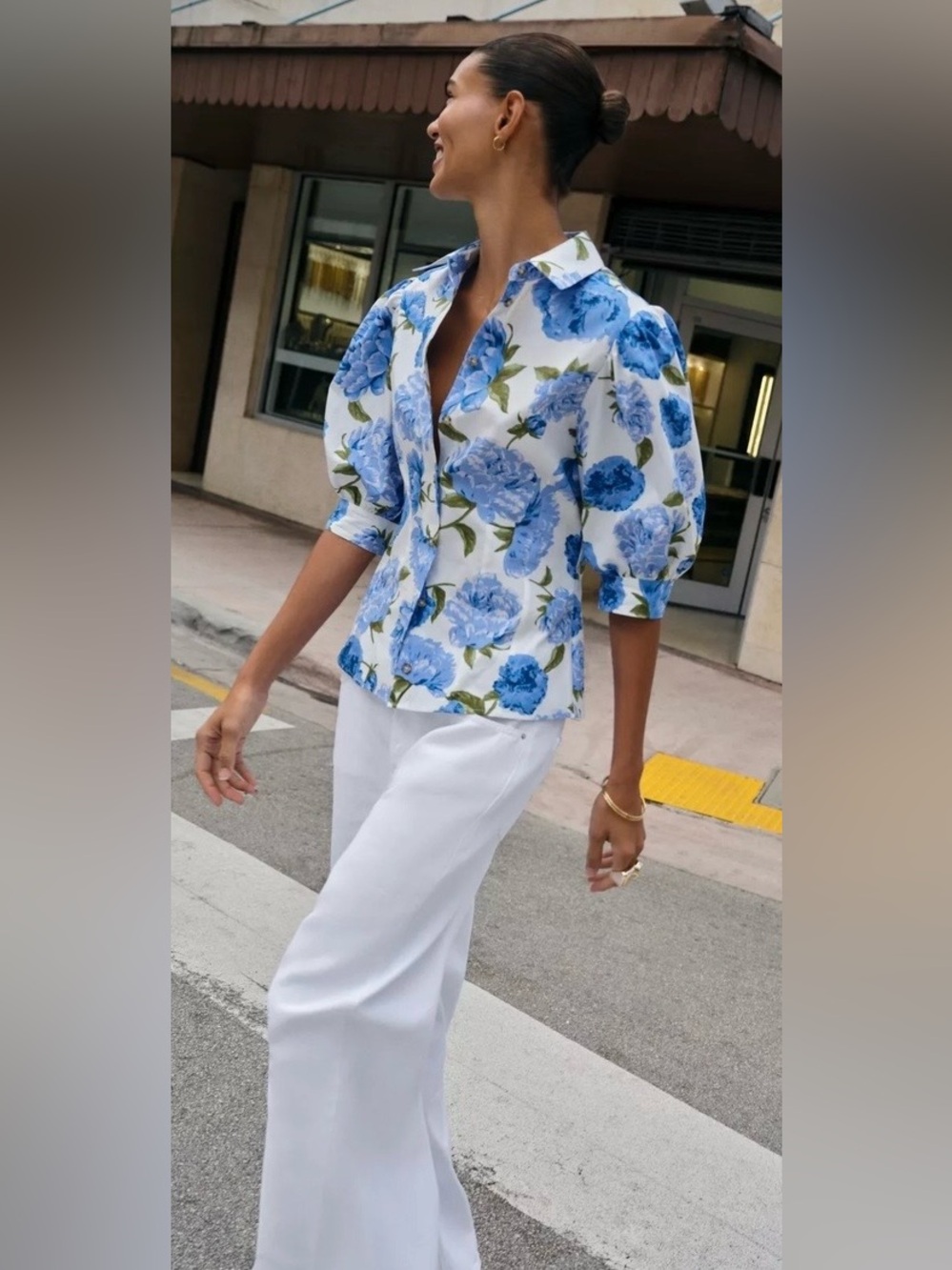Zara NWT Blue Floral Puff Sleeve Button Front Blouse
